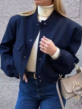 ZARA Crop maxi BOMBER Jacket With pockets Navy Blue
